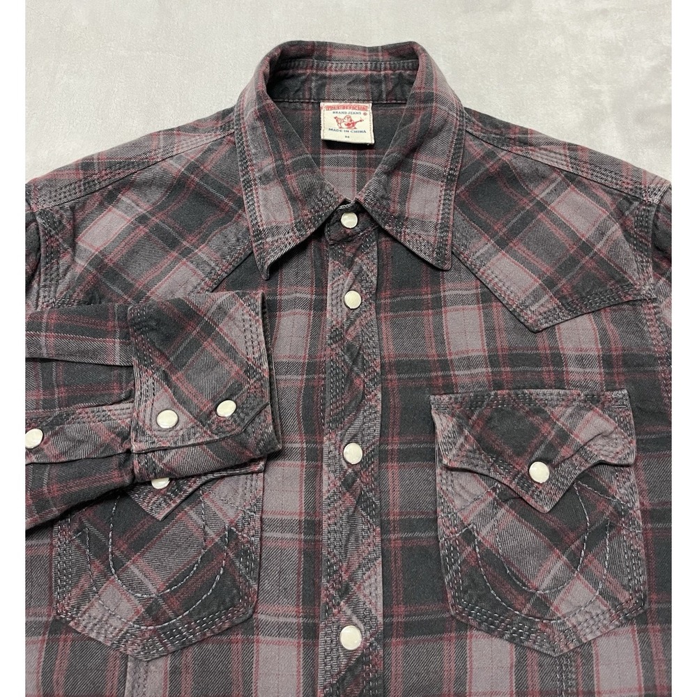 True Religion Shirt Men Medium Burgundy Plaid Western Pearl Snap Chest Pocket